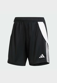 Shorts atletici negri cu dungi laterale albe, talie elastică și design iconic cu trei dungi pe piciorul stâng. Material ușor.