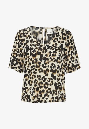 Kurzärmlige Bluse in Creme mit einem schwarzem und braunem Leopardenmuster, ausgestattet mit einem V-Ausschnitt und einer kleinen Öffnung im Rücken für zusätzlichen Detail.