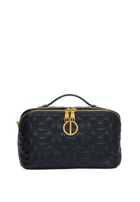 Zwarte leren tas met gequilte ronde patronen, gouden rits en hardware, vlakke structuur en handvat aan de bovenkant voor draaggemak.