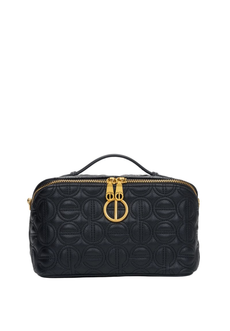 Zwarte leren tas met gequilte ronde patronen, gouden rits en hardware, vlakke structuur en handvat aan de bovenkant voor draaggemak.