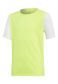 Kurzärmliges Sportshirt mit neon-gelbem Körper, weißen Ärmeln und kleinem adidas-Logo auf der oberen linken Brust.