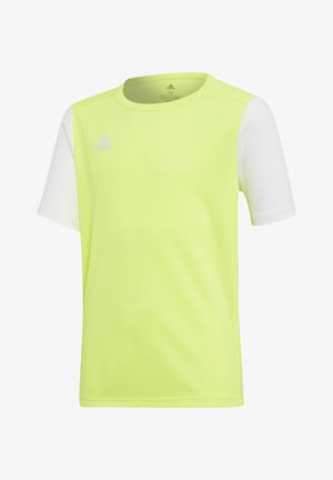 Tílko na sport s krátkým rukávem, neonově žluté tělo, bílé rukávy a malé logo adidas na horní levé části hrudi.