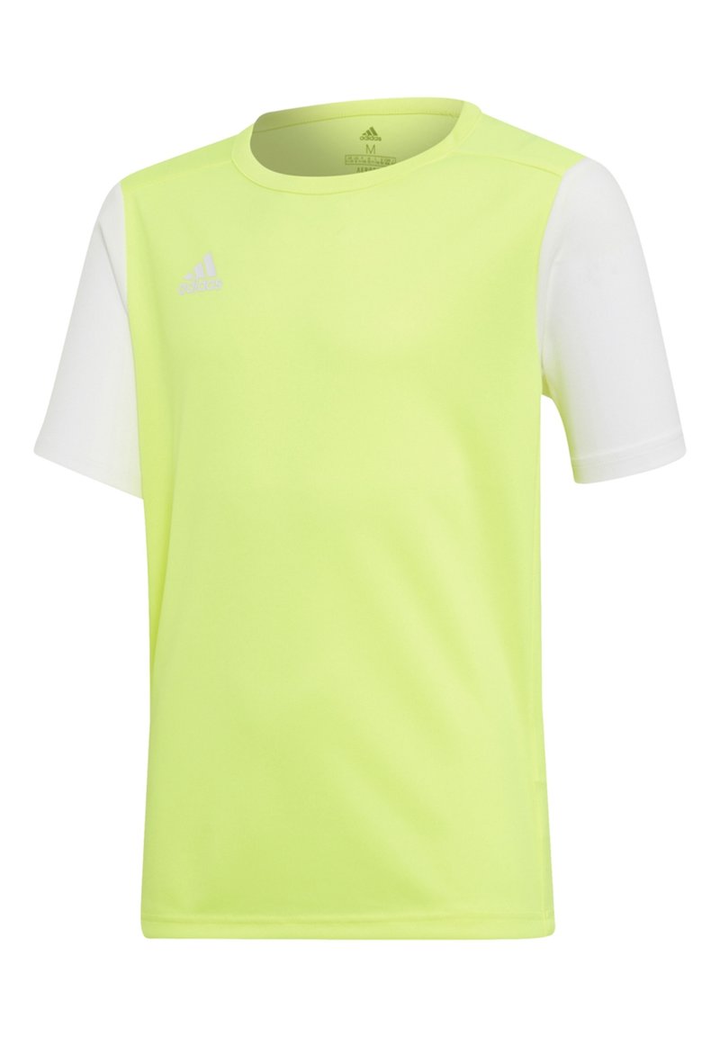 Kurzärmliges Sportshirt mit neon-gelbem Körper, weißen Ärmeln und kleinem adidas-Logo auf der oberen linken Brust.