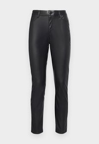 Svarta, slim-fit byxor i glänsande konstläder med fem fickor, knapp- och dragkedjestängning fram. Slät yta och elegant finish.