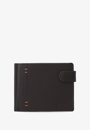 Bruine leren portemonnee met een gladde textuur, voorzien van een overslagontwerp, contrasterende stiksels en een veilige drukknopsluiting.