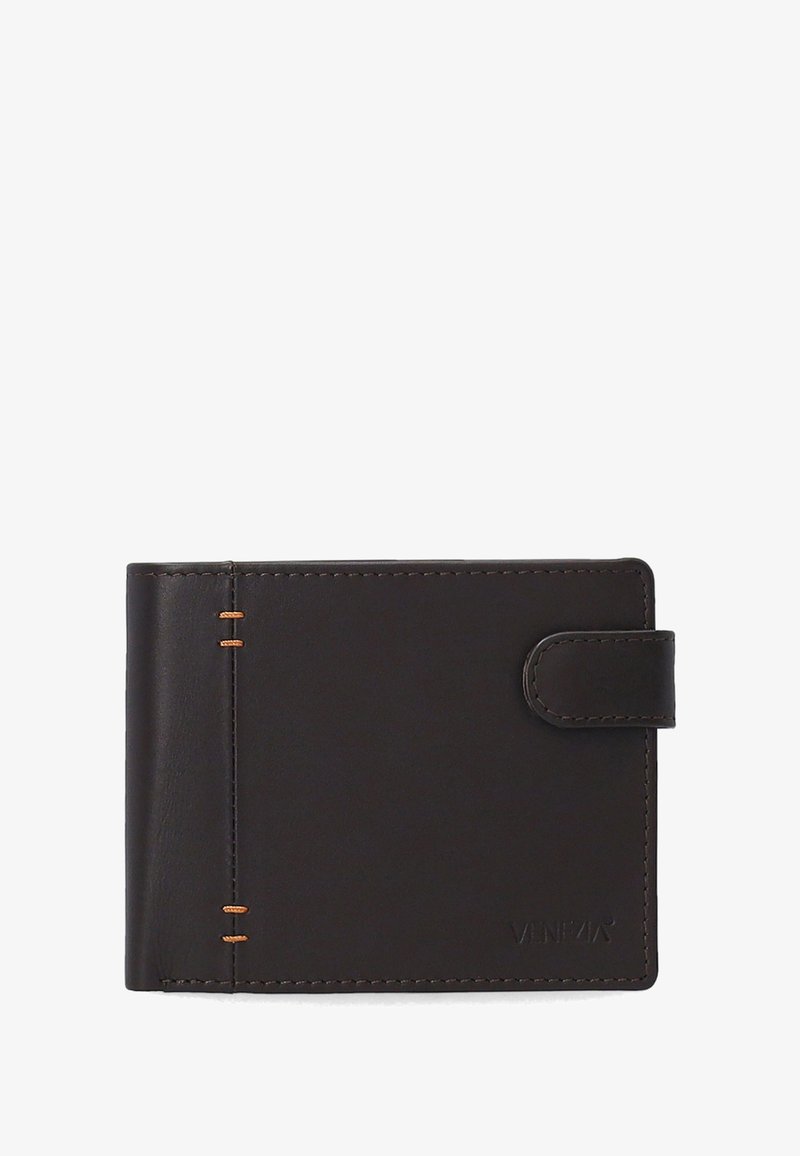 Bruine leren portemonnee met een gladde textuur, voorzien van een overslagontwerp, contrasterende stiksels en een veilige drukknopsluiting.