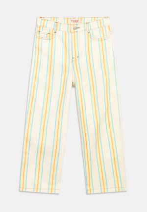 Pantalon droit pour enfants avec des rayures verticales bleues et orange sur fond blanc, bouton sur le devant et poches.