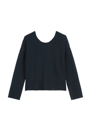 Navyblaues gestricktes cropped Sweatshirt mit langen Ärmeln und rundem Ausschnitt, das ein strukturiertes, geripptes Muster im gesamten Stoff aufweist.