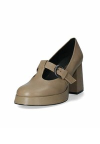 Pantofii cu toc înalt bej, cu vârful rotund, tocul lat și design T-strap, având un accent cu cataramă circulară. Textură din piele netedă.