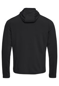 Zwarte hoodie van een gestructureerde stof, lange mouwen, een capuchon en een losse pasvorm, met een minimalistisch ontwerp en zonder zichtbare logo's.