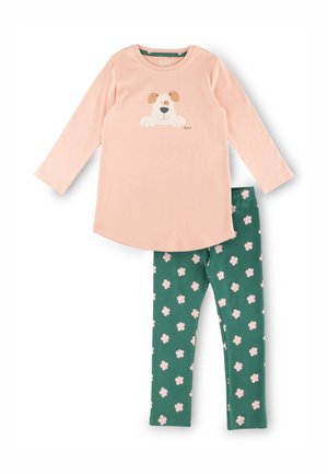 Helles rosa Langarmshirt mit Hundegrafik, kombiniert mit grünen Leggings mit pinken Blumenmustern. Weiches Baumwollmaterial, lässige Passform.