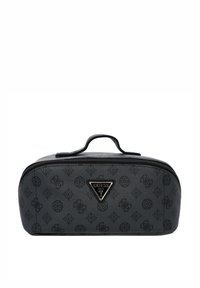 Bolsa cosmética negra con cremallera y superficie texturizada, que presenta un logotipo triangular brillante y patrones sutilmente en relieve en toda la superficie.