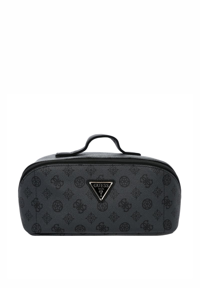 Bolsa cosmética negra con cremallera y superficie texturizada, que presenta un logotipo triangular brillante y patrones sutilmente en relieve en toda la superficie.