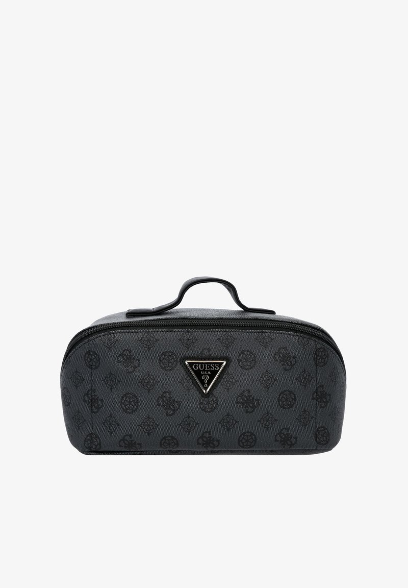 Bolsa cosmética negra con cremallera y superficie texturizada, que presenta un logotipo triangular brillante y patrones sutilmente en relieve en toda la superficie.