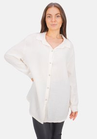 White, button-up shirt with a textured fabric, collar, and long sleeves. Features a straight hem and relaxed fit.