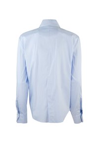 Camicia a maniche lunghe di colore azzurro chiaro con collo e bottoni alle maniche, pattern a righe verticali. Tessuto morbido con vestibilità sartoriale.