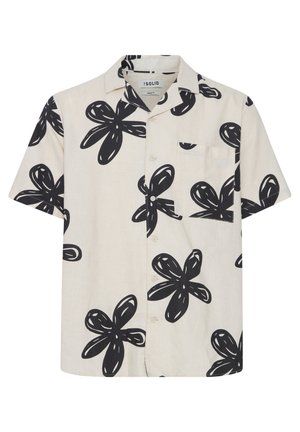 Kratka majica s kratkimi rokavi iz svetle bež tkanine, ki ima velike, drzne črne cvetlične vzorce. Vključuje žep na prsi in zapiranje s gumbi.