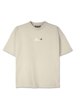 Short beige cotton t-shirt with a round neck, featuring a small purple butterfly graphic and logo printed on the chest in white.