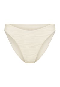 Bikini dolne w kolorze kremowym z teksturowanym wzorem fal, charakteryzujące się niskim stanem i szerszymi bocznymi panelami dla komfortu. Gładki, elastyczny materiał.