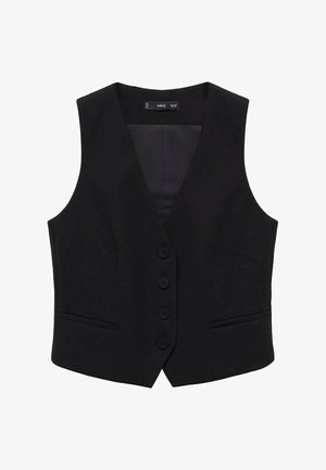 Sort skræddersyet vest med v-hals, seks knapper og to forlommer. Glat stof med en struktureret design uden synlige mønstre.