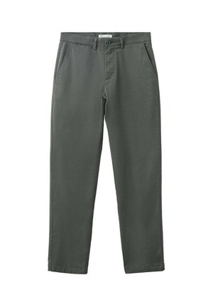 Pantalones de pierna recta de color gris oscuro con bolsillos delanteros, botón y trabillas para cinturón, mostrados planos sobre un fondo blanco.