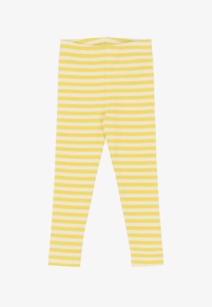Žlté a biele pruhované legíny vyrobené z rebrovanej látky. Majú priliehavý strih a elastický pás, s rovnými nohavicami pri členkoch.