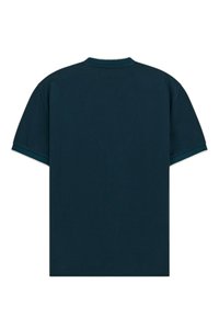 T-shirt in cotone blu navy con maniche corte, scollo rotondo e una trama liscia; presenta una parte posteriore uniforme senza ulteriori decorazioni o accenti.