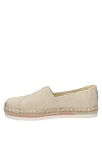 Beige canvas slip-on shoe with a braided jute trim, white rubber sole, and a small blue accent on the heel. Flat design, lightweight appearance.