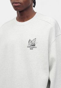 Човек, носещ светлосив суитшърт с черна пеперуда и текст "CARHARTT WIP" на лявата гръдна част.
