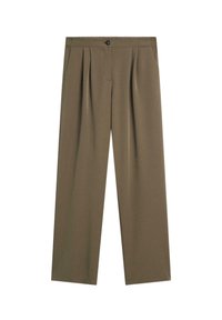 Wide-leg trousers in khaki fabric, featuring front pleats, two side pockets, a button closure, and smooth texture.