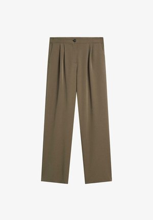 Pantaloni a gamba larga in tessuto khaki, con pieghe frontali, due tasche laterali, chiusura con bottone e superficie liscia.