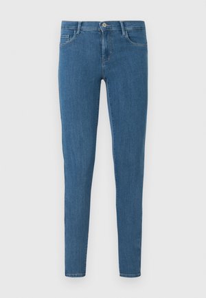 Blaue Skinny-Jeans aus Denim mit einer glatten Textur, ausgestattet mit einem vorderen Knopfverschluss, Gürtelschlaufen und fünf Taschen zur Aufbewahrung.