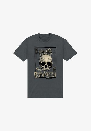 T-shirt in cotone grigio con grafica di teschio e testo "Menace to the Population" in caratteri stilizzati, incorniciato da un contorno nero.
