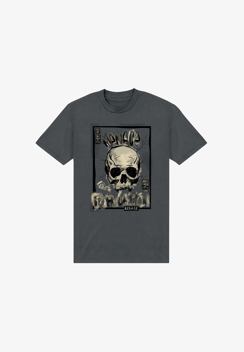 Šedé bavlněné tričko s grafikou lebky a textem "Hrozba pro populaci" v stylizovaném písmu, orámováno černým okrajem.