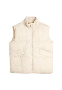 Wattierte Weste in hellcremer Farbe mit hohem Kragen, Frontreißverschluss und zwei schräg angebrachten Taschen auf der Vorderseite. Der Stoff hat eine glatte Textur.
