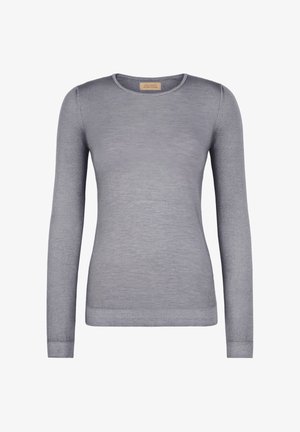Grauer Langarmpullover aus weichem Material. Verfügt über einen runden Halsausschnitt, gerippte Bündchen und eine figurbetonte Form. Einfaches und minimalistisches Design.