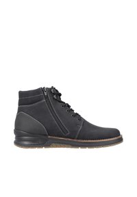 Bottines en cuir noir avec une finition lisse, des coutures contrastantes, un laçage à l'avant et une fermeture éclair sur le côté. Semelle en caoutchouc robuste avec un motif texturé.
