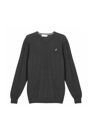 Pull noir à manches longues avec col en V, poignets et ourlet côtelés, affichant un petit logo blanc sur le côté gauche de la poitrine.