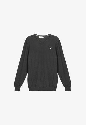 Pull noir à manches longues avec col en V, poignets et ourlet côtelés, affichant un petit logo blanc sur le côté gauche de la poitrine.