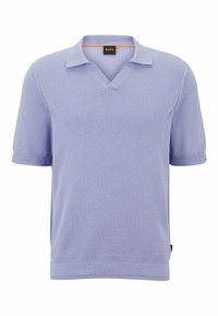 Short-sleeve lavender knit polo shirt with a V-neck collar and Boss brand label inside the neckline.