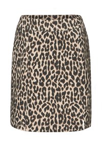 Mini-jupe droite à imprimé léopard avec une petite fente latérale et une ceinture ajustée, fond beige avec des taches noires et marron.