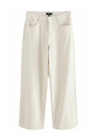 Pantalones de pierna ancha de un beige claro con sutiles rayas verticales rojas, confeccionados en algodón, con cierre frontal de botón y cuatro bolsillos.