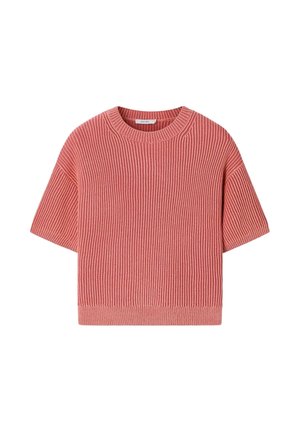 Pull à manches courtes en maille côtelée, rose poudré, avec un col rond et une coupe décontractée.