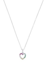 Collana in argento con un pendente a forma di cuore decorato con strass multicolori, tra cui accenti rosa, verdi e gialli.