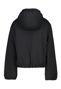 Black cropped jacket with a hood, featuring elastic cuffs and a gathered hem, made of a smooth, lightweight fabric. Simple, functional design.