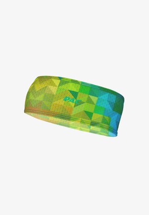 Multicolored headband with a geometric pattern in green, yellow, and blue. Made of thin, stretchy material with a smooth texture.