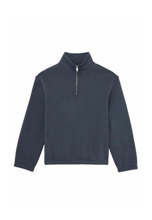 Dunkelmarineblauer Sweatshirt mit hohem Kragen und kurzem Reißverschluss. Der Stoff wirkt weich, mit langen Ärmeln und einer lockeren Passform.