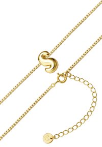 Zelta ķēdes kaklarota ar abstraktu izliekta pendanta dizainu un regulējamu sprādzi ar pagarināšanas ķēdi un mazu apļveida piekariņu.