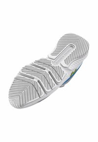 Suela de zapato de goma blanca con un diseño texturizado, que presenta acentos azules y ranuras para tracción. El diseño incluye un logo estampado.