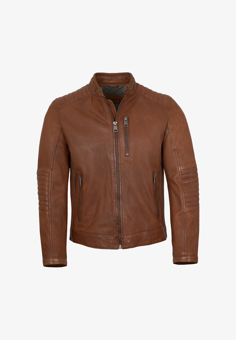 Braune Lederjacke mit Stehkragen, Reißverschluss vorne und zwei seitlichen Taschen. Verfügt über gerippte Details an Schultern und Ärmeln.